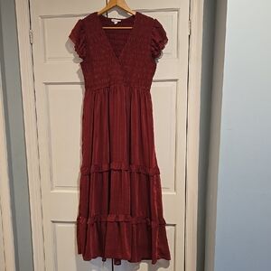 Blu Pepper Burgundy Smocked Tiered Maxi Dress